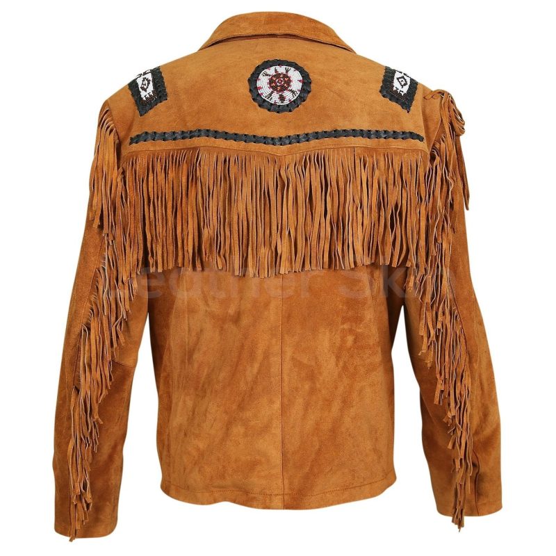 Men Brown Western Fringes with white beads decoration 4