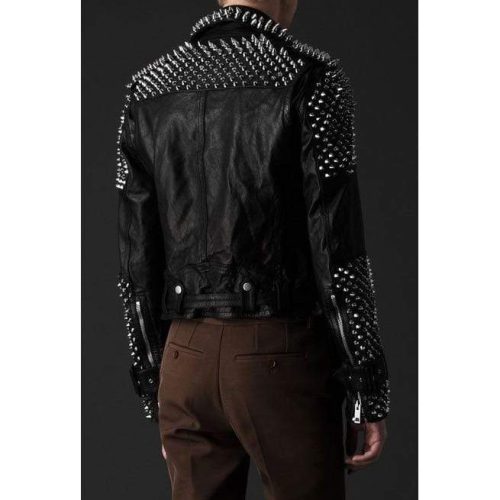 Men Casual Black Silver Studded Rocker Punk Style Biker Leather Jacket BACK SIDE