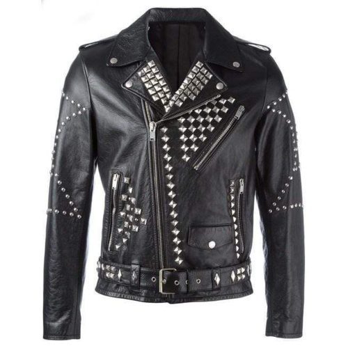 Men's Classic Sliver Studded Leather Motorcycle Jacket, Biker Leather Black Jacket - Shearling leather