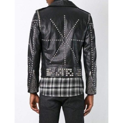 Men Classic Sliver Studded Leather Motorcycle Jacket Biker Leather Jacket BACK IMAGE