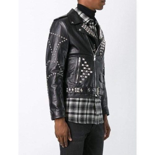 Men Classic Sliver Studded Leather Motorcycle Jacket Biker Leather Jacket SIDE IMAGE