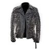 Men's Silver Studded Custom Patches Long Spike Brando Belted Rocker Black Jacket - Shearling leather