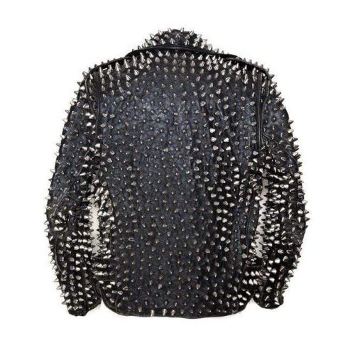 Men Silver Studded Custom Patches Long Spike Brando Belted Rocker Jacket BACK SIDE