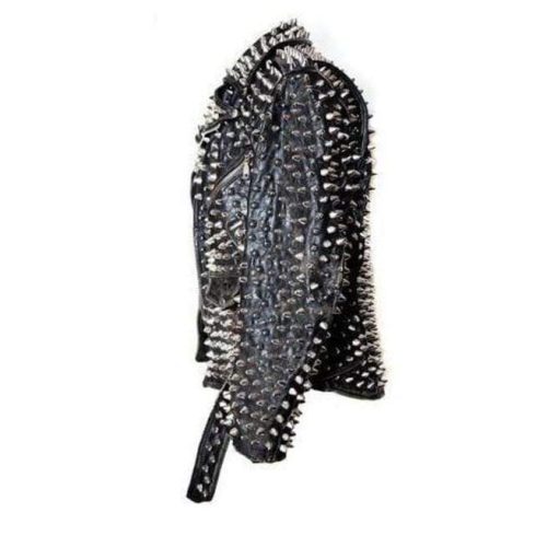 Men Silver Studded Custom Patches Long Spike Brando Belted Rocker Jacket SIDE POSE