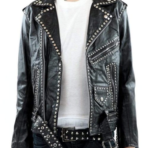 Men Silver Studded Jacket Black Punk Silver Spiked Leather Belted Biker Jacket - Shearling leather