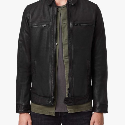 Men Solid Black Leather Jacket