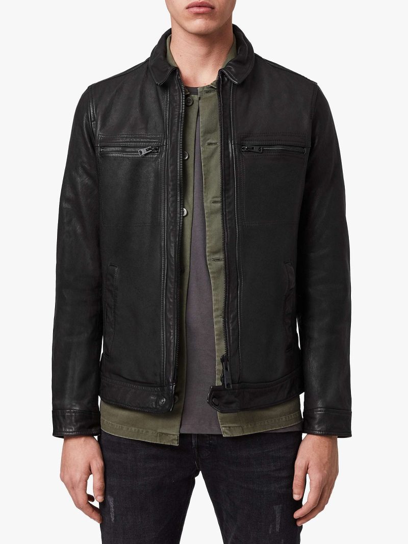 Men Solid Black Leather Jacket