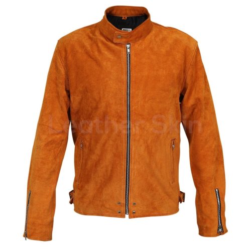 Men Tan Suede Leather Jacket with silver zippers 1