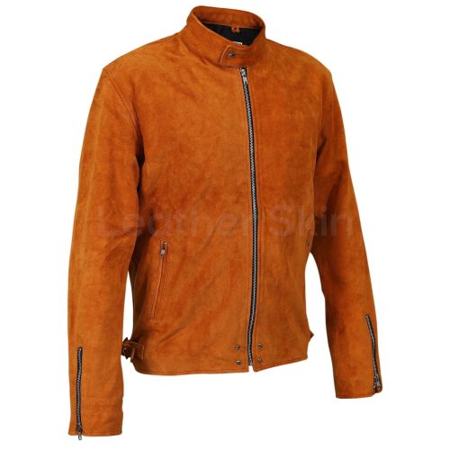 Men Tan Suede Leather Jacket with silver zippers 3