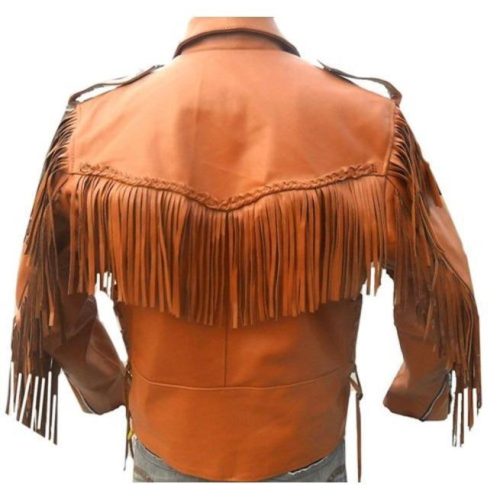 Men Tan Western Style Leather Jacket Cowboy Cowhide Leather Fringe Jacket bACK IMAGE