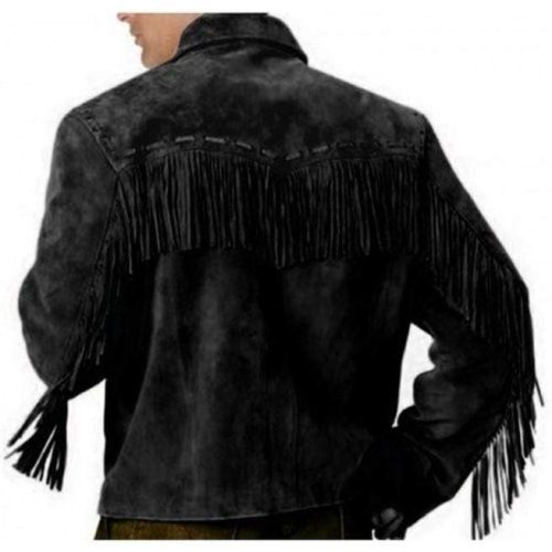 Men Western Black Leather Jacket Wear Fringes Beads Suede Cowboy Jacket BACK SIDE