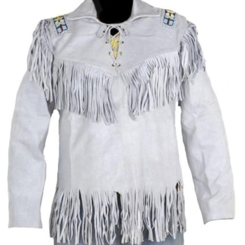 Men's Western Cowboy Real Leather Jacket, Handmade White Leather Jacket With Fringes - Shearling leather