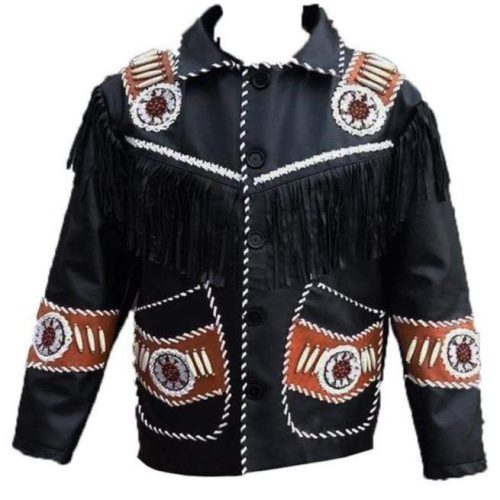 Men's Western Leather Jacket, Handmade Black Leather jacket - Shearling leather