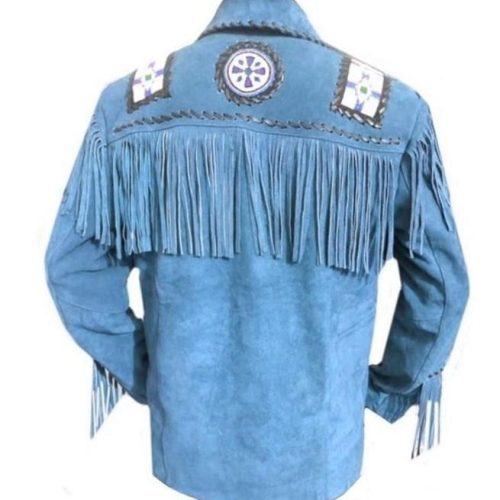 Men Western Leather Jacket Wear Fringes Beads American Cowboy Jacket BACK SIDE