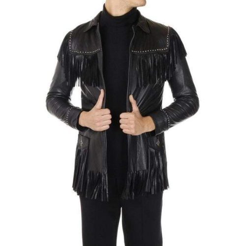 Men's Western Leather Jacket Wear Fringes Beads Native American Cowboy Black Coat - Shearling leather