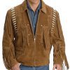 Men's Western Suede Jacket, Brown Fringe Cowboy Jacket - Shearling leather