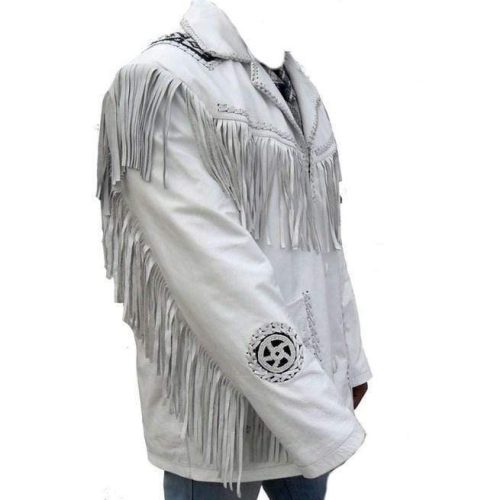 Men Western Leather JacketSuede Leather Cowboy Jacket White Jacket Men SIDE POSE