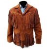 Men's Western Suede Jacket, Tan Color Cowboy Suede Fringe Jacket - Shearling leather