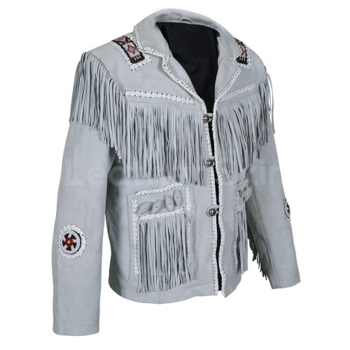 Men White Western Style Fringes Cowboy Suede Leather Jacket 2