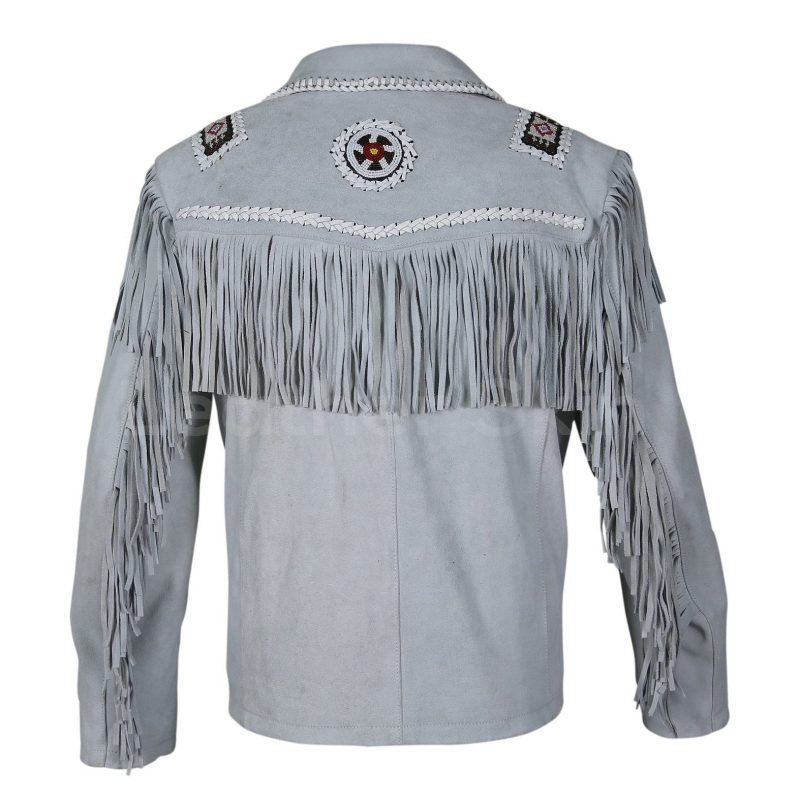 Men White Western Style Fringes Cowboy Suede Leather Jacket 3