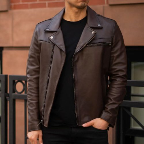 MenBrownMotorbikeLeatherRacerJacket2