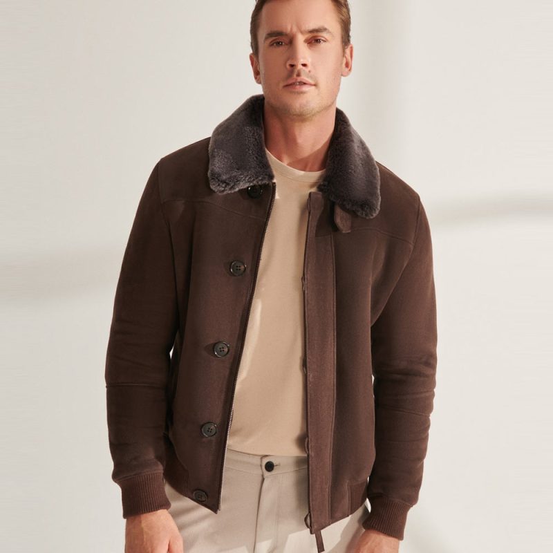 MenBrownSportsShearlingLeatherJacket2