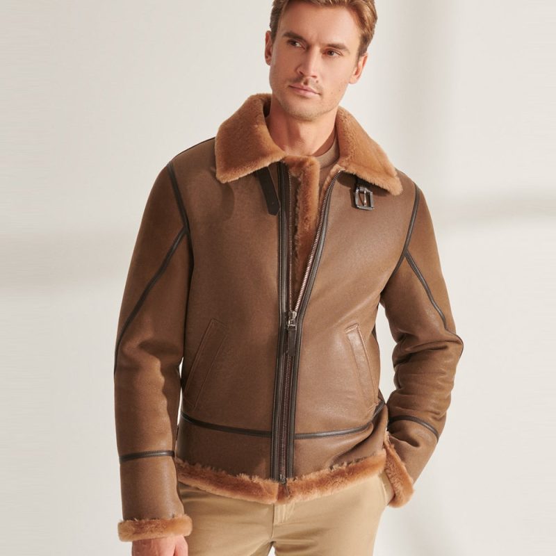 MenCamelBrownB3ShearlingPilotAviatorLeatherJacket2