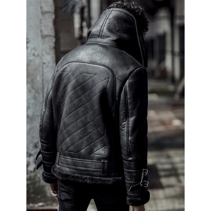 MenDoubleCollarBlackB3FlightAirforceShearlingAviatorSheepskinLeatherJacket2