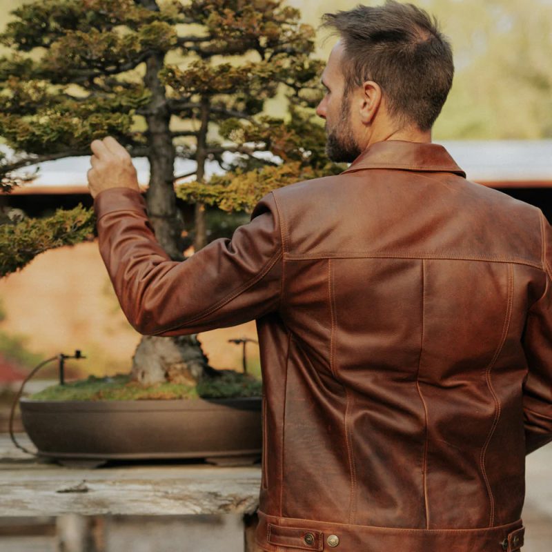 MenGoatskinPlainBrownTruckerLeatherJacket