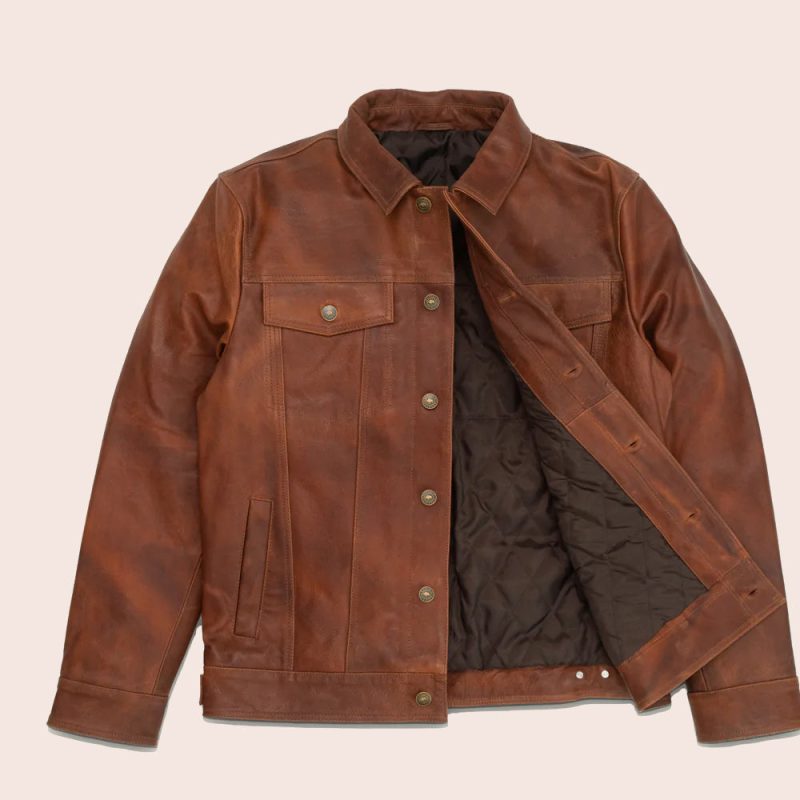 MenGoatskinPlainBrownTruckerLeatherJacket3