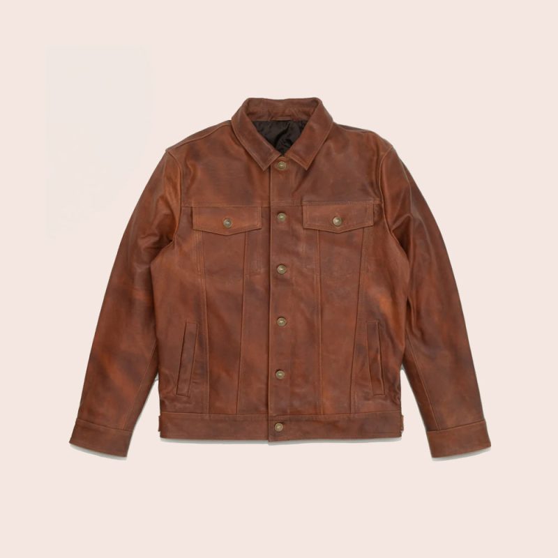 MenGoatskinPlainBrownTruckerLeatherJacket5