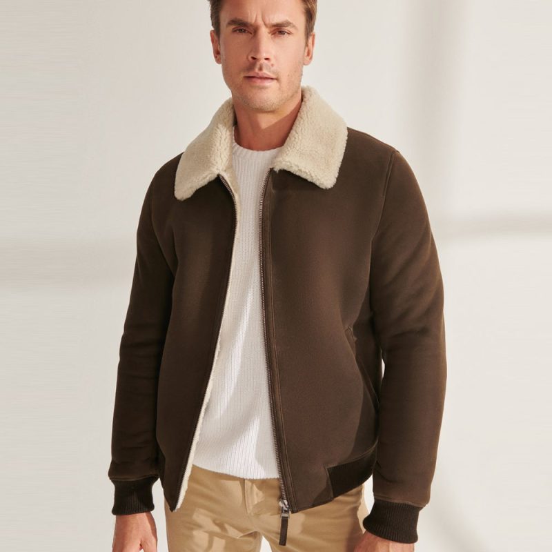 MenKhakiSportShearlingLeatherJacket2