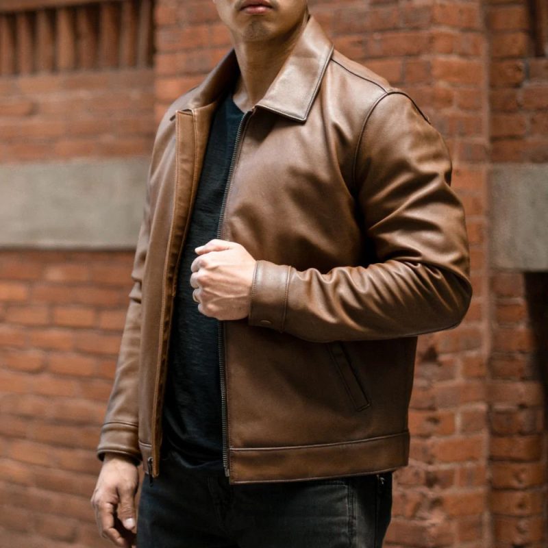 MenPointCollarClasicBrownLeatherJacket