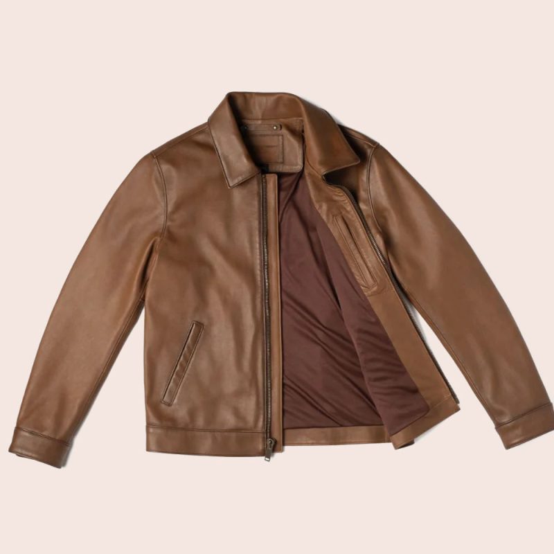 MenPointCollarClasicBrownLeatherJacket3