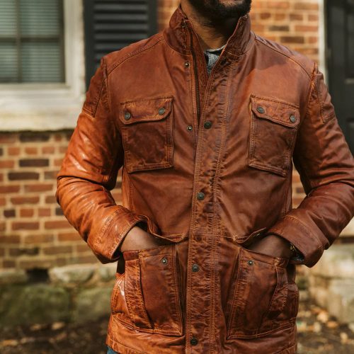 MenPureFineGrainLambskinBrownLeatherFieldJacket3