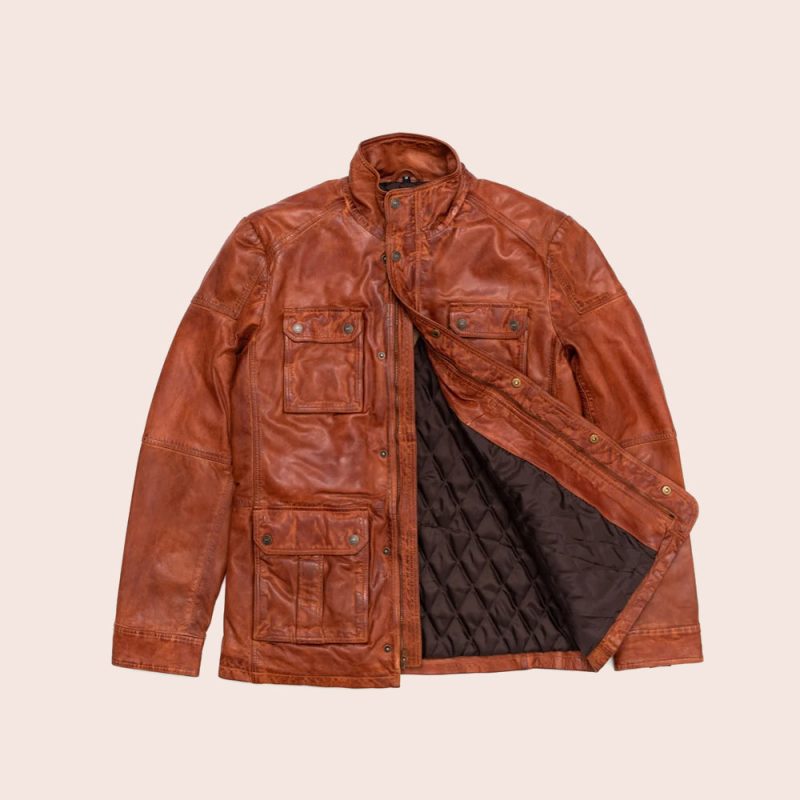 MenPureFineGrainLambskinBrownLeatherFieldJacket5