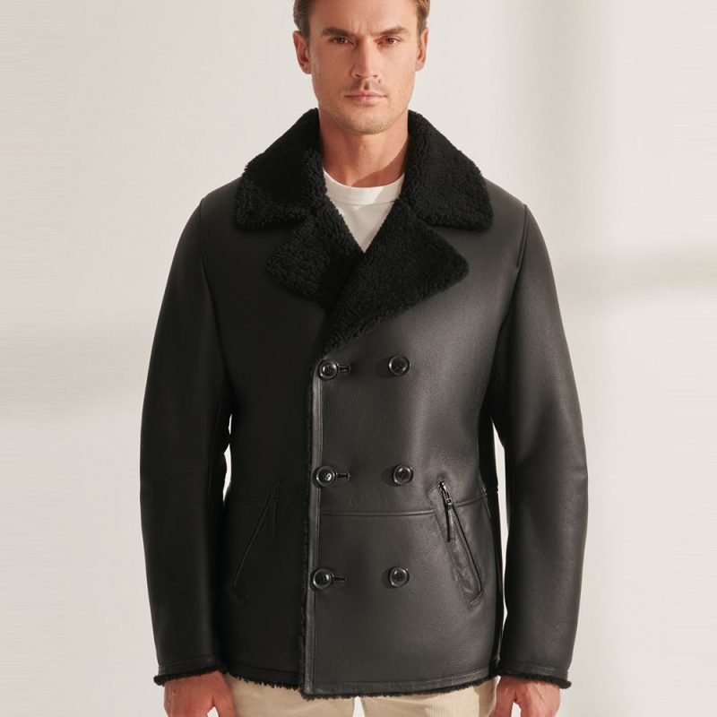 MenSClassicBlackFlyingSheepskinShearlingLongAviatorLeatherJacketCoat2