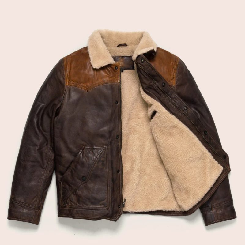 MenSheepskinDoubleToneBrownSherpaLeatherJacket3