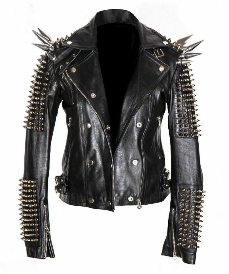 MenSilverStuddedLongSpikedJacketLeatherBlackRockPunkStyleJacket