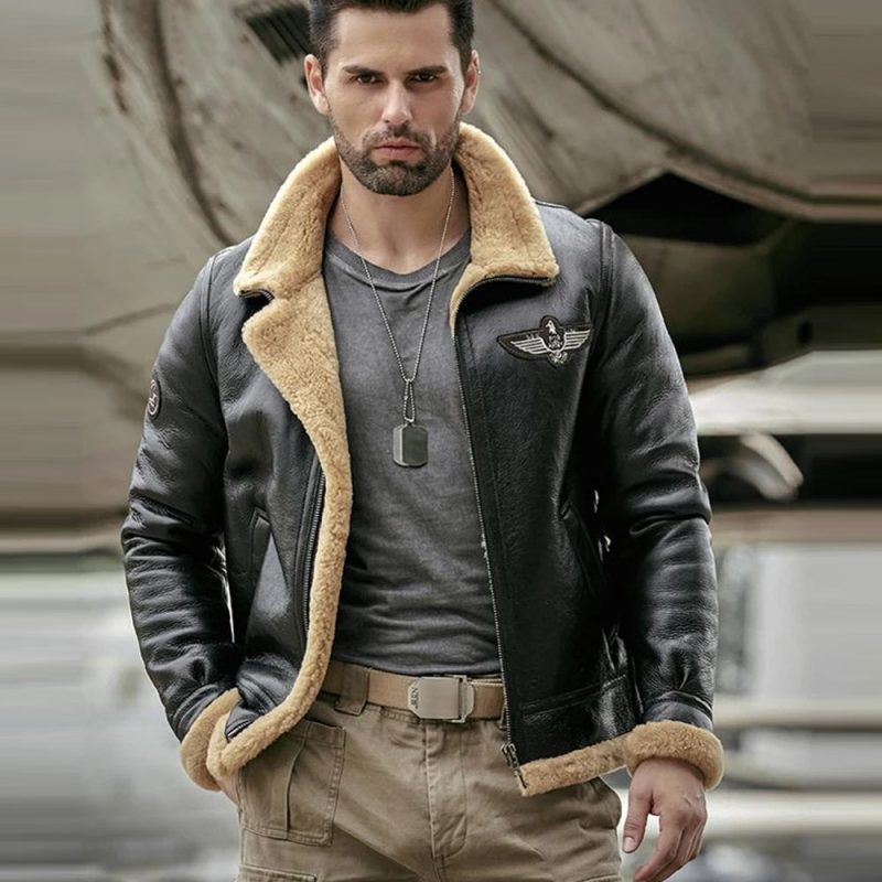 Men sBlackRAFAviatorAirforceSheepskinShearlingLeatherJacket