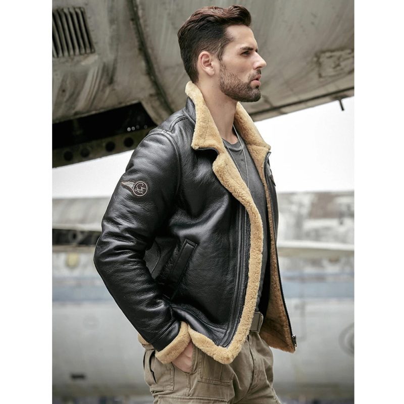 Men sBlackRAFAviatorAirforceSheepskinShearlingLeatherJacket2