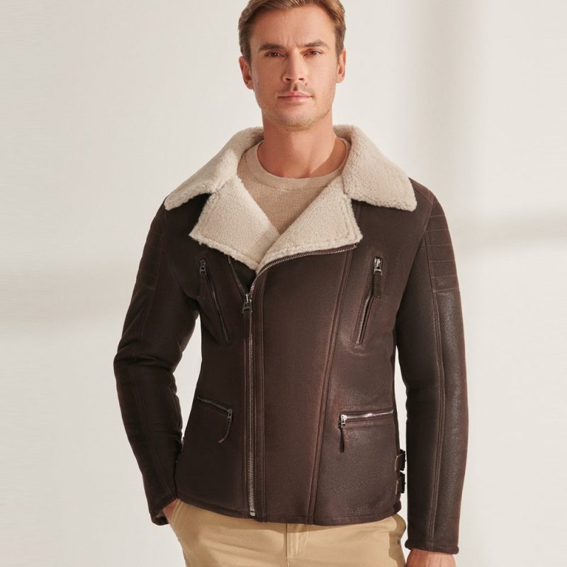 Men sBrownB3PilotSheepskinShearlingBikerAviatorJacket2