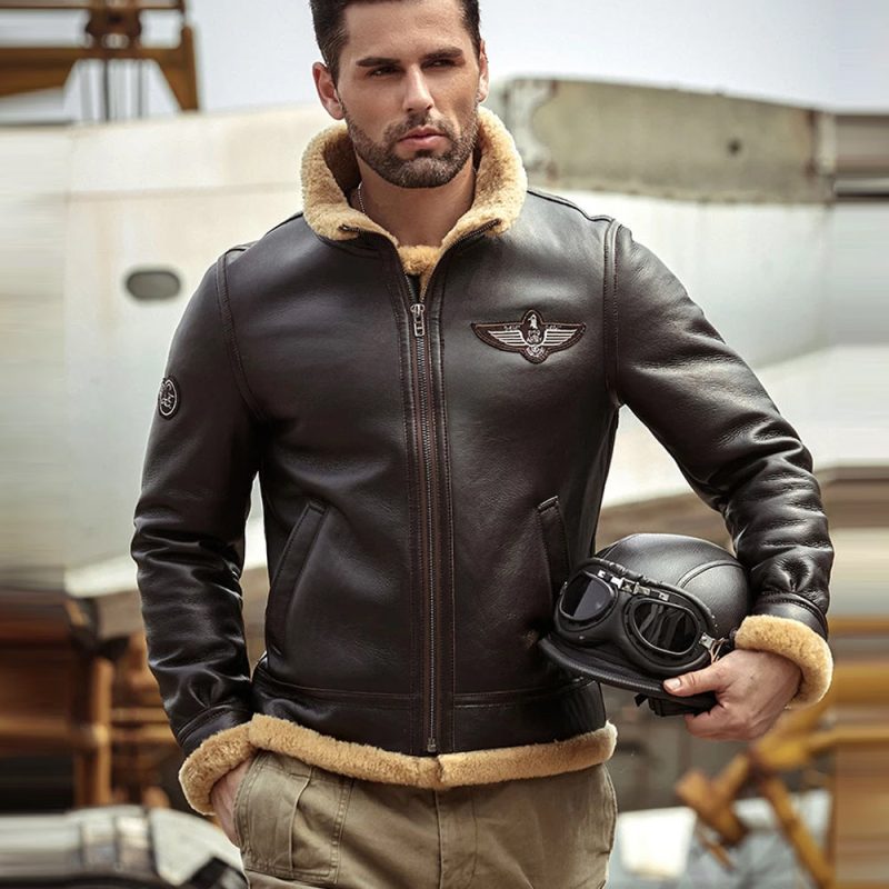 Men sBrownRAFAviatorAirforceSheepskinShearlingLeatherJacket