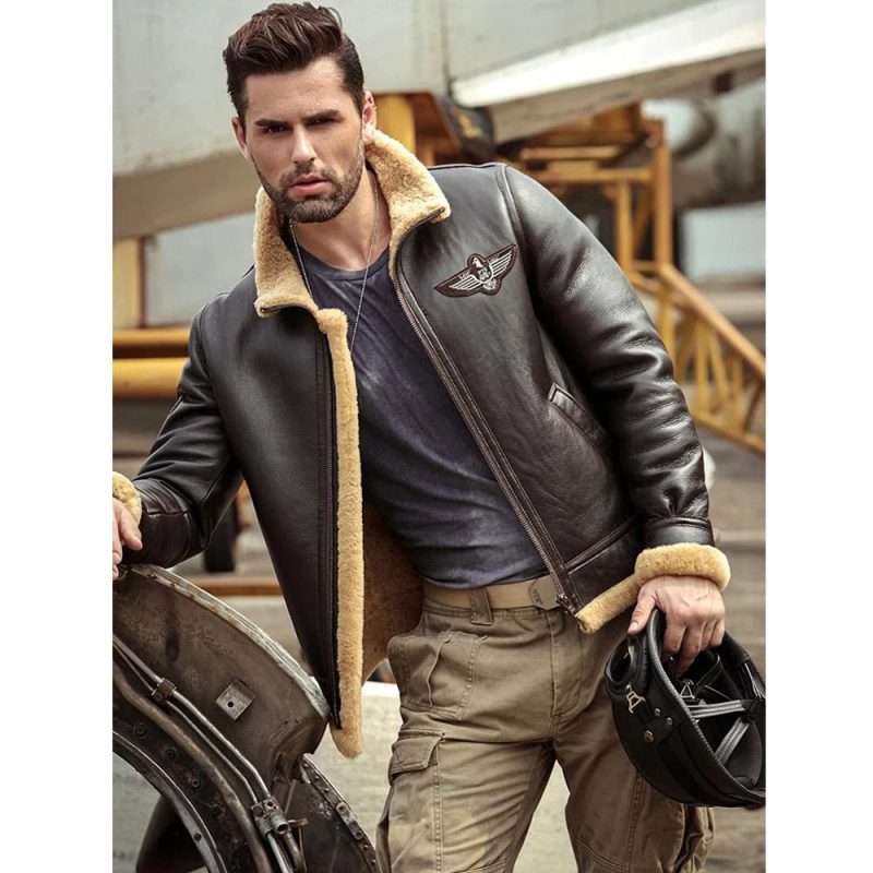 Men sBrownRAFAviatorAirforceSheepskinShearlingLeatherJacket2