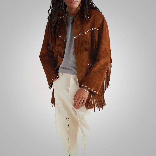 Men sBrownSuedeLeatherCowboyJacketwithFringe3