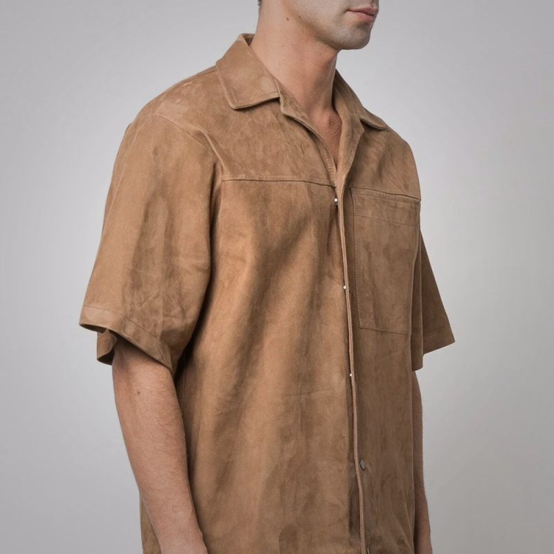 Men sBrownSuedeLeatherHalfSleevesShirt3