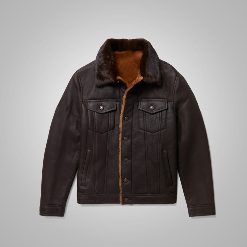 Men sDarkBrownSheepskinFlyingPlainTrcukerJacket