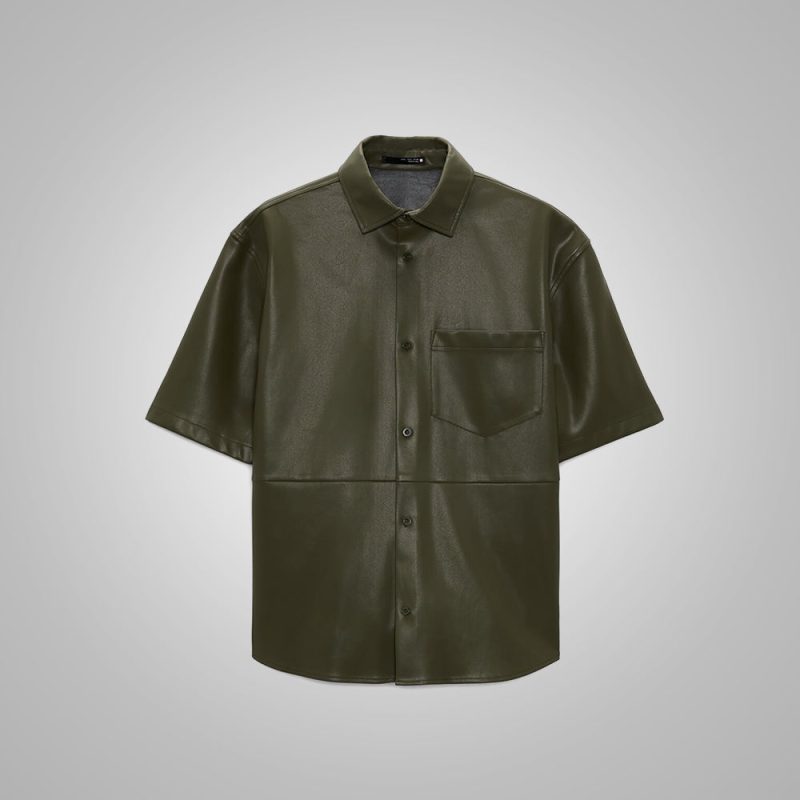 Men sDarkGreenHalfSleevesLeatherShirt2