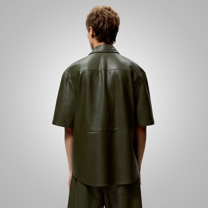 Men sDarkGreenHalfSleevesLeatherShirt4