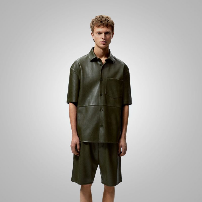 Men sDarkGreenHalfSleevesLeatherShirt5